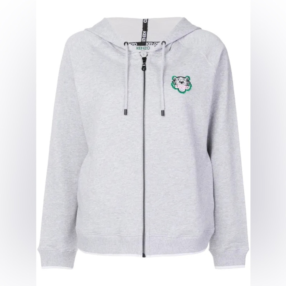 Kenzo Women Light Gray Hoodie with Embroidered Tiger Mini Logo VGUC Size S